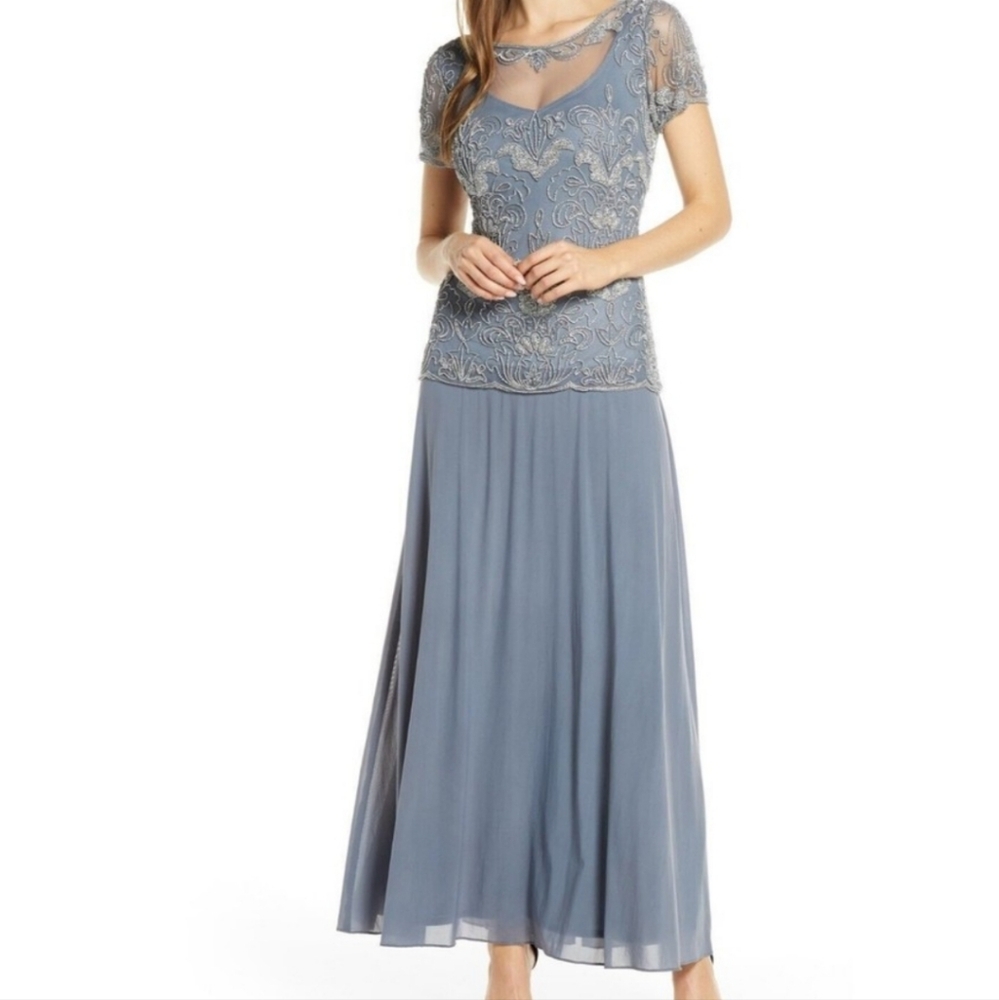 Pisarro Nights Evening Gown Beaded Illusion Neck Chiffon Womens Sz 6 Blue